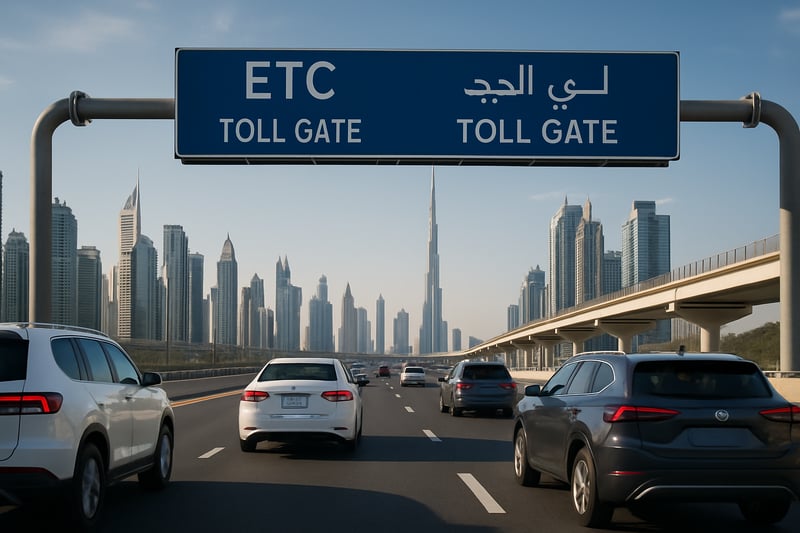 Dubai toll road with modern vehicles and skyline Dubai toll road with modern vehicles and skyline